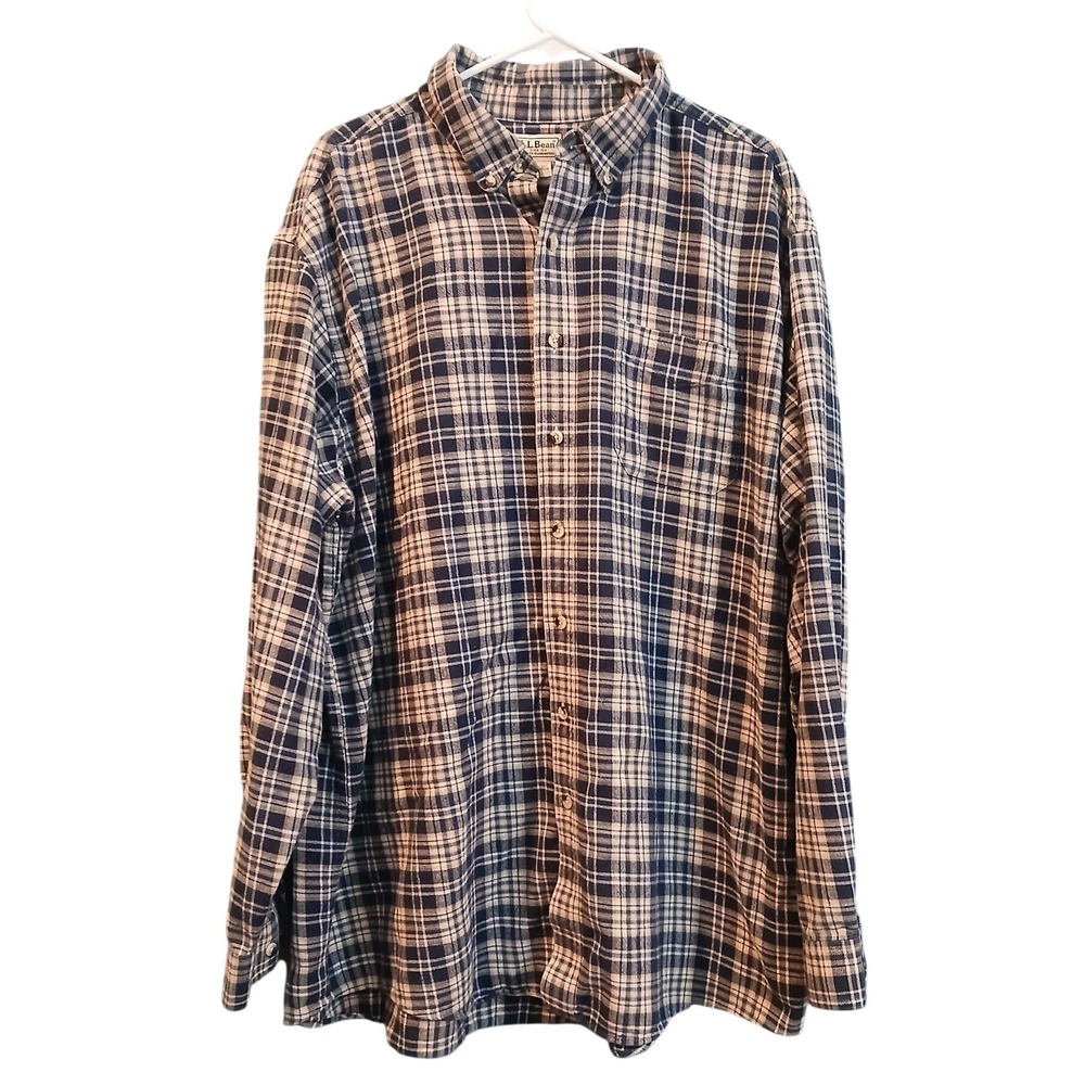 LL Bean Mens XXL Tall Plaid Flannel Shirt Navy Blue Cream Cotton Button Down